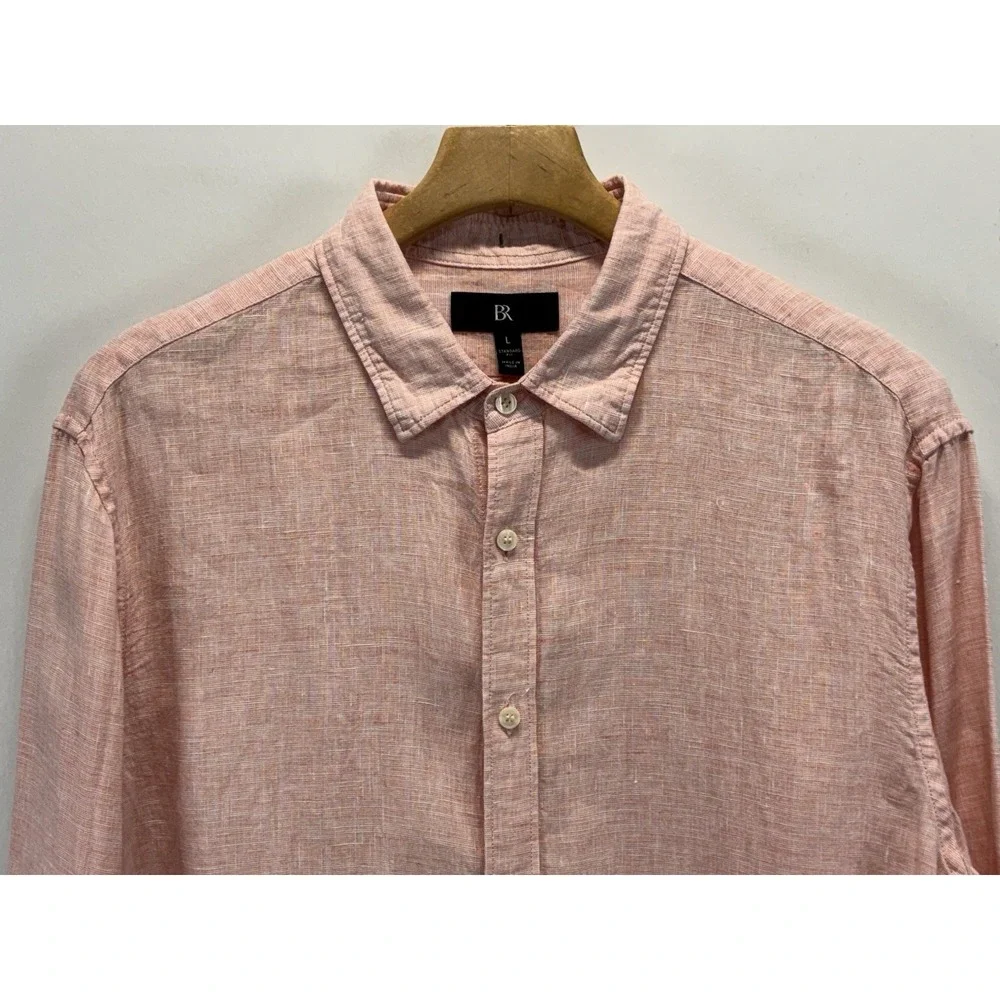 Banana Republic 100% Linen Shirt Men's L Pink Orange Coastal Beach Standard Fit
